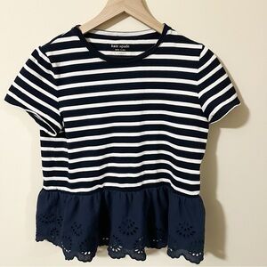 KATE SPADE New York Top Womens Sz. Medium Peplum Eyelet Hem Short Sleeve Striped